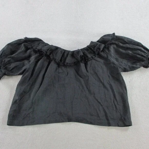 DOEN Samara Top Womens Small Black Ramie Tencel Blend Lace Ruffles Puff Sleeve - Picture 3 of 14